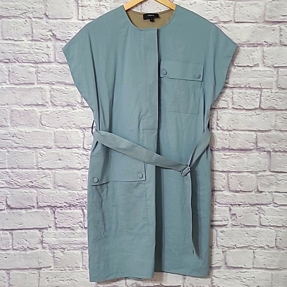 Theory Mint Green Cargo Belted Linen Dress/Shirt with Utilitarian Pocket…